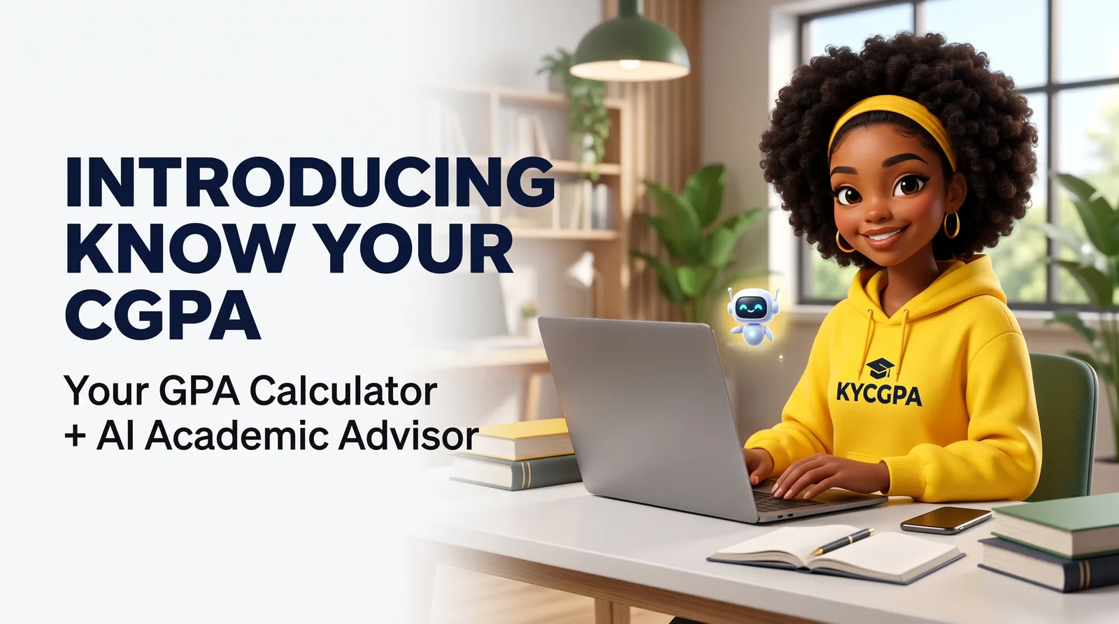 A 3D cartoon promotional banner for the "KYCGPA" blog, featuring the mascot Kay—a young Nigerian woman with natural afro hair, a yellow headband, and a yellow "KYCGPA" hoodie—seated at a study desk in