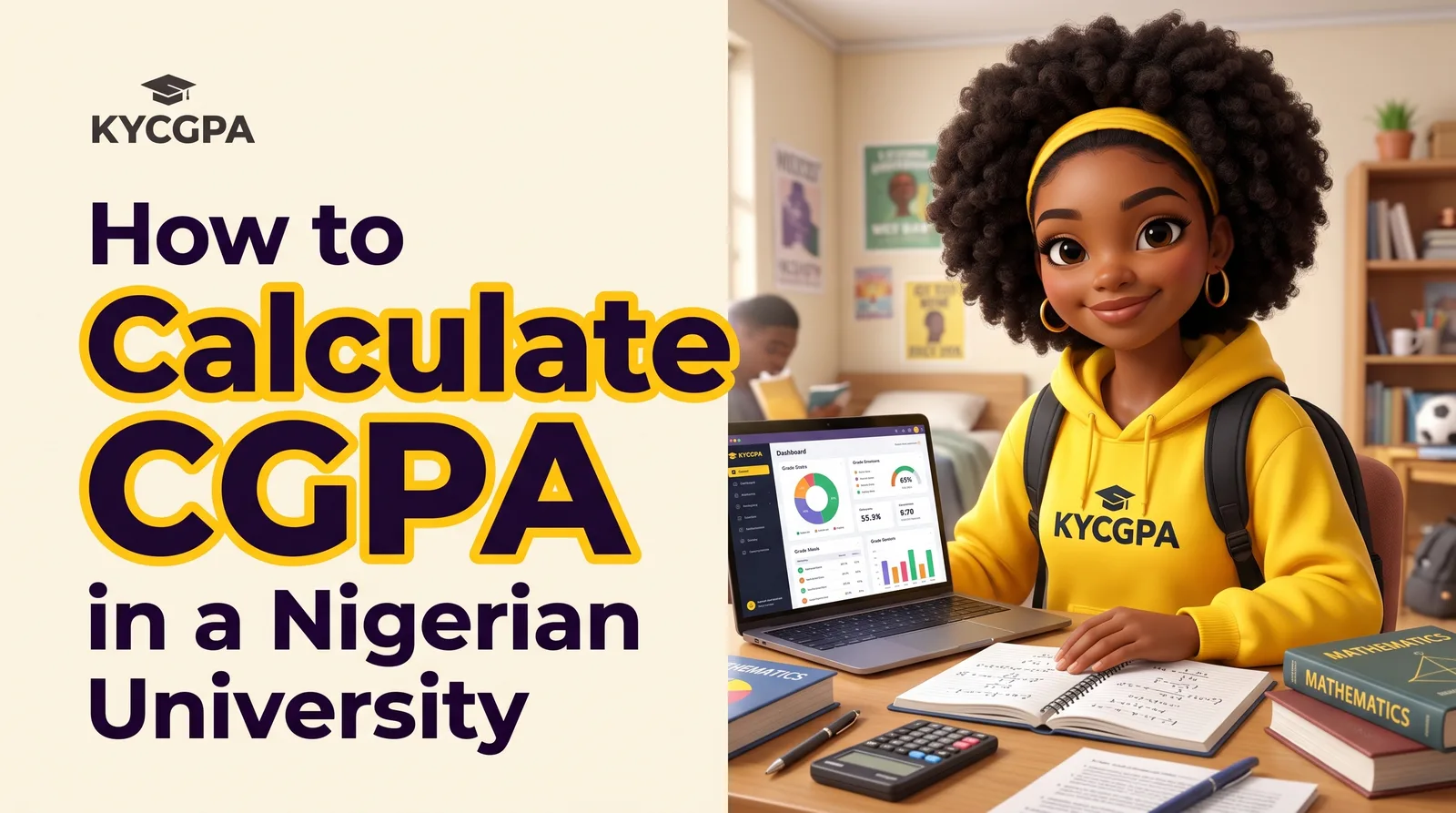 A featured blog banner for the CGPA calculator "KYCGPA," in a 16:9 landscape format, showcasing its cartoon mascot Kay (image_0.png) alongside large headline text on a light cream background.  On the