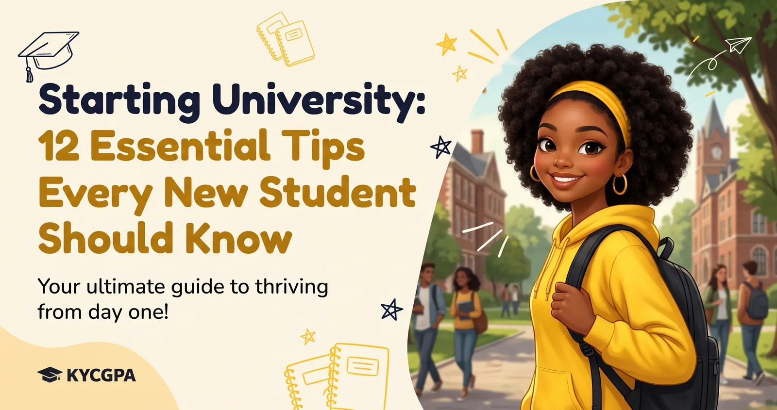 An illustrated blog post cover image, sized 1200 × 630, with a light cream and yellow background featuring doodles of a graduation cap, notebooks, stars, and flight trail lines. On the left, the head